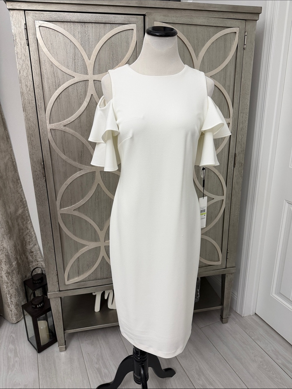 Calvin Klein White Cold-Shoulder Ruffle Midi Dress